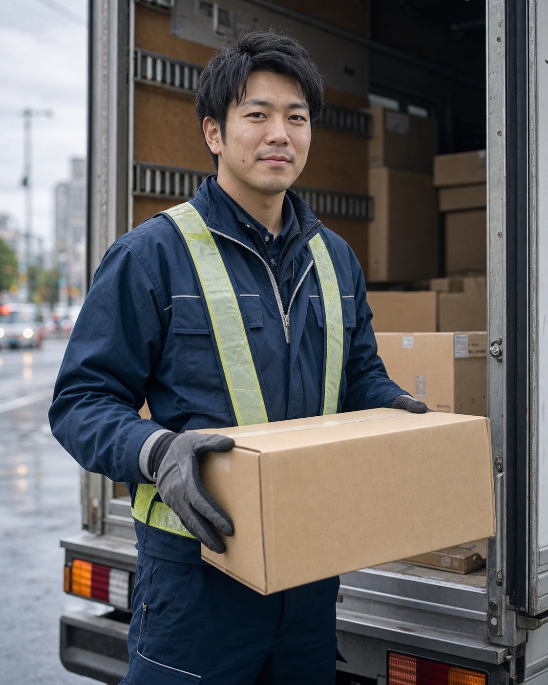 配送トラックの荷台で荷物を整理する配送スタッフ