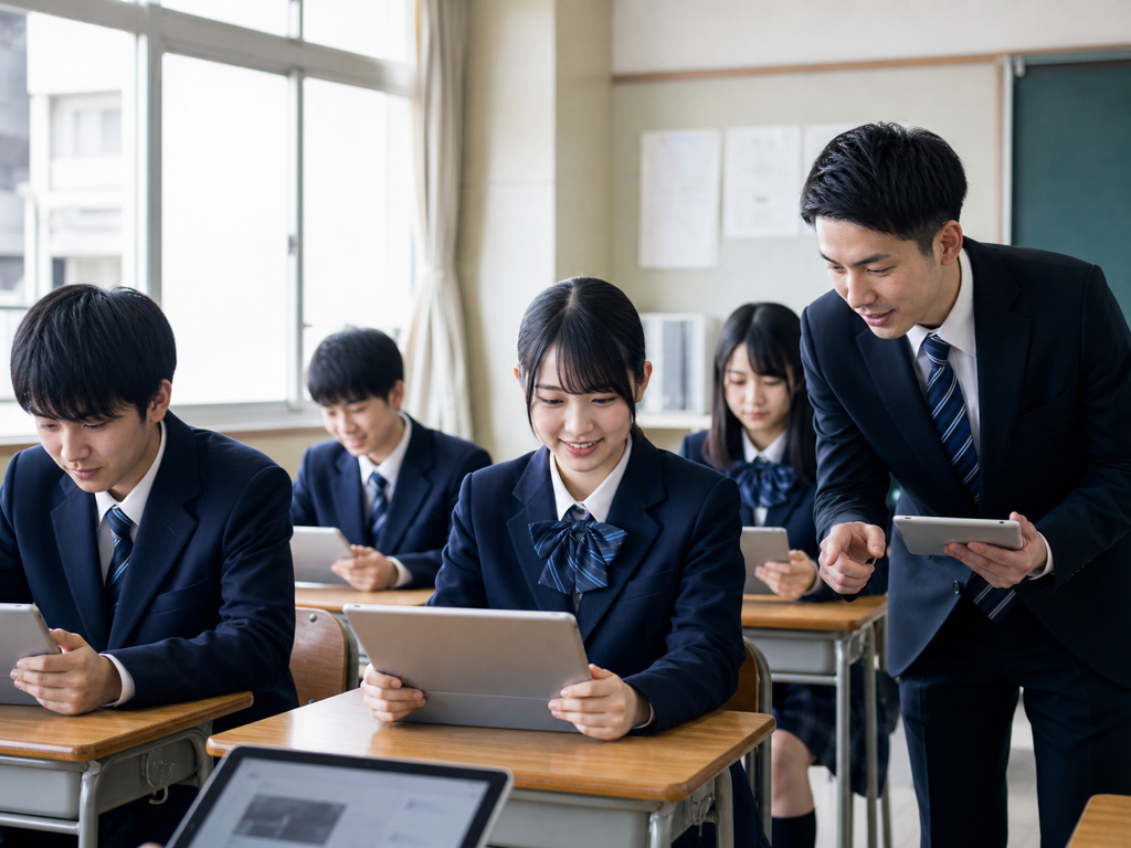 教室で記事を読む生徒たち
